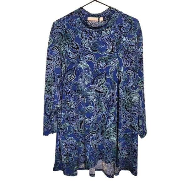 Susan Graver Tops - Susan Graver Liquid Knit Mock Collar Blue Green Tunic Blouse, Plus Size 3X